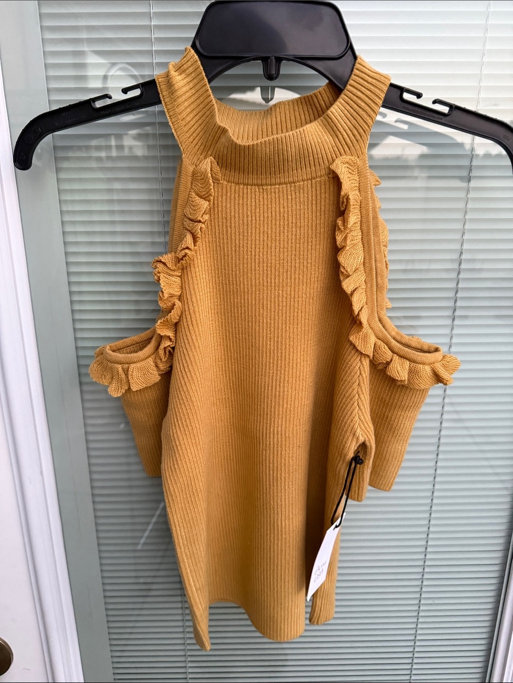 Active USA Mustard Ruffle Cold-Shoulder Turtleneck Sweater